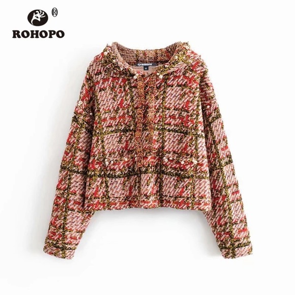 Plaid Knitted Tweed like Sweater with Pearl Beading - Picture 2 of 12